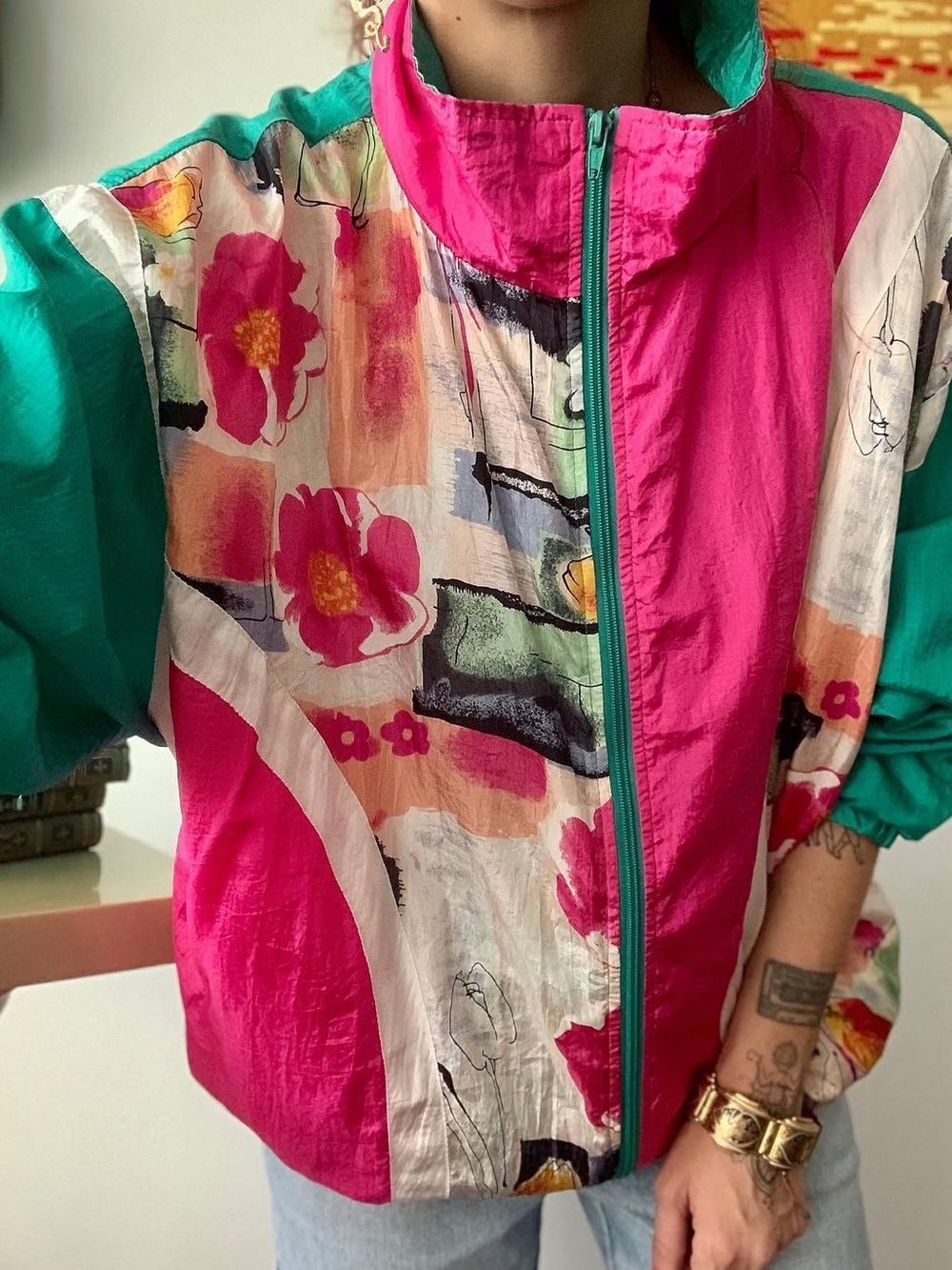 Vintage Pink & Teal Floral Colorblock Bomber Jacket